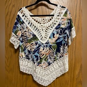 Crochet Top Solitaire Floral Tunic Blue and Ivory Boho Beach Hippie - SIZE L?EUC